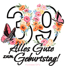 Ein florales GIF zum 39. Geburtstag. Die Zahl '39' ist von animierten Blumen und Schmetterlingen umgeben und bietet eine schöne und fröhliche Art, den Meilenstein zu feiern.