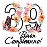 Questo GIF di Buon 39° Compleanno mostra il numero venti riempito con un vibrante bouquet di fiori animati, con farfalle che si muovono dolcemente su uno sfondo bianco.