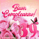 Animazione GIF per i 39 anni con rose rosa fresche, farfalla rosa e spettacolari effetti di luce stellata che circondano il numero.