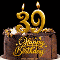 39 Birthday Chocolate Cake with Gold Glitter Number 39 Candles (GIF)