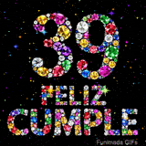 Sobre un fondo negro con estrellas se ubican el número 39 y las palabras FELIZ CUMPLE, que están íntegramente formados por piedras preciosas.