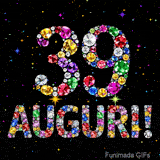 Il numero 39 e l'espressione Auguri disegnati da pietre preziose scintillanti su uno sfondo nero con piccole stelle luminose.