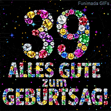 Glitzernde bunte Kristalle bilden die Ziffer 39 und den Schriftzug Alles Gute zum Geburtstag vor einer dunklen Leinwand mit winzigen Sternen.