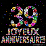 Le chiffre 39 et l'expression Joyeux Anniversaire dessinés par des pierres précieuses brillantes sur un fond noir avec de petites étoiles lumineuses.