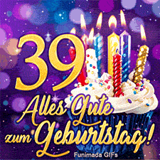 Ein funkelnder violetter Grund mit der goldenen Zahl 39. Ein Cupcake, brennende Kerzen und goldene Schreibschrift bilden das Zentrum.