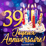Image animée 39 ans avec le chiffre 39 d'or, un gâteau de fête aux bougies brillantes et un arrière-plan lila.
