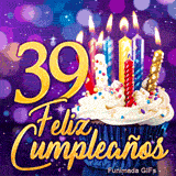Imagen animada 39 años con el número 39 de oro, una tarta festiva con velas relucientes y fondo violeta.