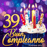 Immagine animata 39 anni con il numero 39 d'oro, una torta festosa con candeline risplendenti e sfondo violetto.