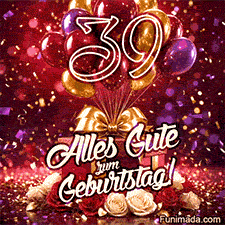 Die goldene Zahl 39 hebt sich zwischen schwebenden Ballons Geschenken rot-weißen Rosen und Konfetti mit Alles Gute zum Geburtstag in heiterer Animation ab