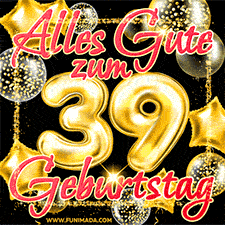 Glänzende goldene Ballons und ein quadratischer Glitzerrahmen: Animiertes GIF zum 39. Geburtstag mit der großen goldenen Zahl 39