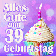 Ein lebendiges Geburtstags-GIF mit einem dekorierten Cupcake, einer Kerze und der Zahl 39 auf einem bunten Hintergrund.
