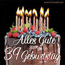 Das Geburtstags-GIF zeigt einen Schokoladenkuchen mit Beeren und Kerzen zur Feier eines 39. Geburtstags.