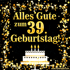 Dieses lebhafte Geburtstags-GIF zeigt eine Torte mit Kerzen, goldenem Konfetti und der Zahl 39.