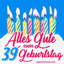 Ein buntes Geburtstags-GIF mit strahlenden Kerzen auf einer festlichen Torte zur Feier des 39.