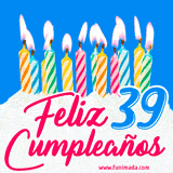Animación de un pastel decorado con velas coloridas y encendidas, el número 39 destacado en azul y la frase 'Feliz cumpleaños' en letras estilizadas.