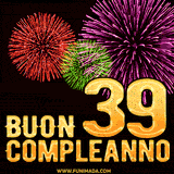 Animazione di fuochi d'artificio colorati con il numero 39 in oro brillante e la scritta 'Buon Compleanno' su uno sfondo nero festivo ed elegante.