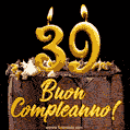 Buon compleanno 39 anni GIF. Torta al cioccolato e candele.