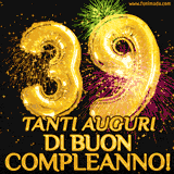 Palloncini dorati a forma del numero 39, accompagnati da scintille e fuochi d'artificio su sfondo nero, con il messaggio 'Tanti auguri di Buon Compleanno!'.