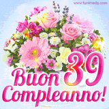 Bouquet animato con rose rosa, margherite e altri fiori colorati, con il numero 39 e la scritta 'Buon Compleanno!' in stile elegante e luminoso.