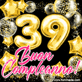 Animazione con palloncini dorati a forma del numero 39, circondati da decorazioni scintillanti e la scritta 'Buon Compleanno!' in caratteri rosa accattivanti.