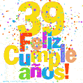 Imagen GIF festiva y colorida de feliz cumpleaños número 39