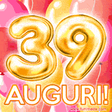 Bouquet animato di palloncini multicolori che emergono da una scatola regalo, con il numero 39 e la scritta 'Tanti Auguri!' su uno sfondo pieno di coriandoli.