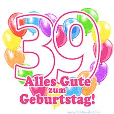 Ein verspieltes animiertes Geburtstags-GIF mit bunten Ballons in Herzform und der Zahl 39.