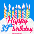 Animated Happy 39th Birthday Card with Cake and Lit Candles