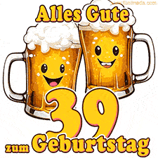 Zwei lustige Bierkrüge mit fröhlichen Gesichtern hüpfen auf und ab. Der Text lautet 'Alles Gute zum 39. Geburtstag'.