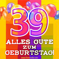 Große Zahl 35 in Umrissschrift, die Worte 'Alles Gute zum 39. Geburtstag', mehrfarbige animierte Ballons und lebendiger Hintergrund.