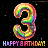 Shiny number 3 birthday celebration balloon with an iridescent glow and glitter on a black background with twinkling stars.