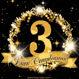 Il numero 3 è circondato da un anello dorato brillante, accompagnato da un nastro elegante con la scritta 'Buon Compleanno!' su uno sfondo scuro.