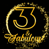 A celebratory animated graphic reads '3 & Fabulous!', rendered in sparkly gold text on a black background with starburst animations.