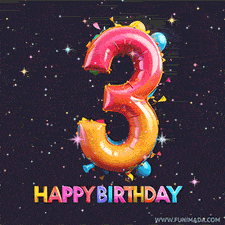 A vibrant age-specific birthday short animation displays the number '3' in shiny balloon-like letters with the words 'Happy Birthday' underneath. The dark background is punctuated with festive stars and balloons.