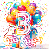 Animazione con palloncini colorati e scintillanti, accompagnata dal numero 3 in caratteri grandi e luminosi, e la scritta 'Tanti Auguri!' in stile vivace.