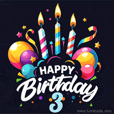 A celebratory sticker-themed 3rd birthday animated image with lit candles, balloons, and streamers. The text reads 'Happy Birthday 3 with a stylized, dynamic font.