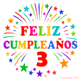 Imagen animada para felicitar los 3 años con letras de colores y diseño festivo.
