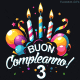 Augura buon compleanno ai 3 anni con questa GIF colorata e festosa: palloncini, stelle e candele per un augurio digitale indimenticabile
