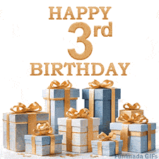 Festive animated eCard with elegant 'Happy 3rd Birthday' text above a pile of luxurious blue, white, and gold gift boxes and presents.