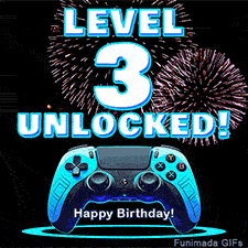 Animated GIF for a 3rd birthday. The text 'Level 3 Unlocked!' and 'Happy Birthday!' are displayed over a blue video game controller with exploding fireworks in the background.