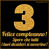 Un GIF animato per un 3° compleanno, Presenta il testo 'Buon Compleanno 3' su uno sfondo giallo vivo con palloncini colorati, festoni e una pioggia di coriandoli.
