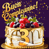 Un GIF animato di una bellissima torta per il 3° compleanno con glassa dorata e frutti di bosco freschi, Il numero dorato 3 è davanti, e stelle cadono su uno sfondo viola scuro.