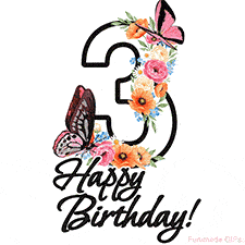A floral 3rd birthday animated greeting card. The number '3' is surrounded by animated flowers and butterflies, creating a beautiful and cheerful way to celebrate the milestone.