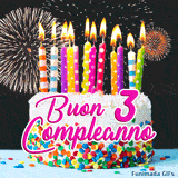 Animazione GIF dedicata ai 3 anni: una torta decorata con glassa bianca, zuccherini multicolore e scritte rosa accese tra fuochi d'artificio dorati.