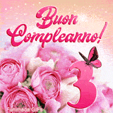 Animazione GIF dedicata ai 3 anni con fiori di ranuncolo rosa, una farfalla pronta al volo e scritte di auguri tra riflessi magici e brillantini.