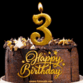 3rd Birthday Chocolate Cake with Gold Glitter Number 3 Candle (GIF)