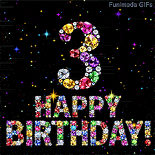 Sparkling multi-colored gemstones form the number 3 and the phrase Happy Birthday, set against a black backdrop with small glowing stars flashing around.