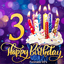 Golden digit 3 and Happy Birthday lettering near a sweet cupcake topped with lit birthday candles, against a blurry purple background with sparkles.