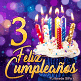 Tarjeta animada para 3 años: un cupcake con velitas encendidas y el número 3 dorado sobre fondo lila con bokeh.