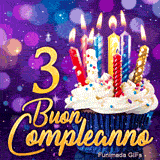 Biglietto animato per 3 anni: un cupcake con candeline scintillanti e il numero 3 dorato su sfondo lila con bokeh.